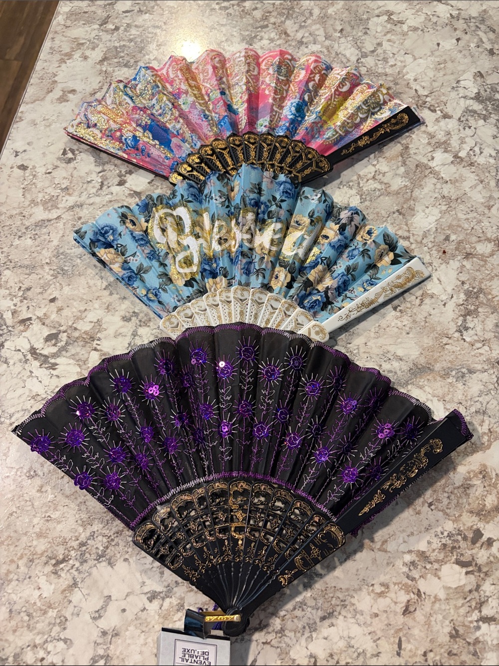 Decorative Hand Fan Set – Black, Blue & Pink